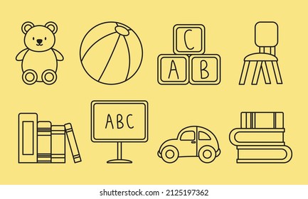 kindergarten icon set on yellow background