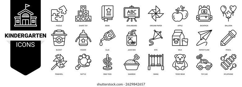 Kindergarten icon set. Vector illustration concept with icon of puzzle ,shape toy ,origami ,chalkboard ,backpack ,balloon ,feeder ,pinwheel ,rattle and more. Outline icons vector symbol background.