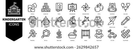 Kindergarten icon set. Vector illustration concept with icon of puzzle ,shape toy ,origami ,chalkboard ,backpack ,balloon ,feeder ,pinwheel ,rattle and more. Outline icons vector symbol background.