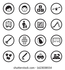 Kindergarten Icons. Black Flat Design In Circle. Vector Illustration.