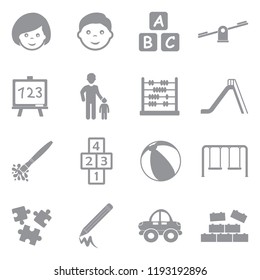 Kindergarten Icons. Gray Flat Design. Vector Illustration. 