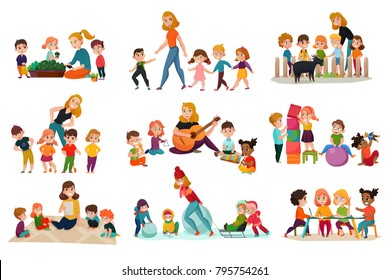 Kindergarten icons set with playing children symbols flat isolated vector illustration