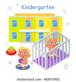 Kindergarten illustration in flat. Two children with nipple play on the floor on the background of kindergarten. Baby in playpen. Baby with nipple. Baby with milk bottle. Baby in flat. Illustration