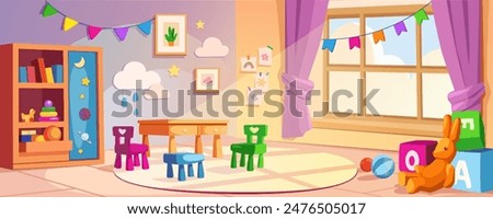 Kindergarten interior background banner for game design. Daycare room with table, child chairs, different toys, book shelf with learning tools, window, garlands, other. Vector cartoon illustration