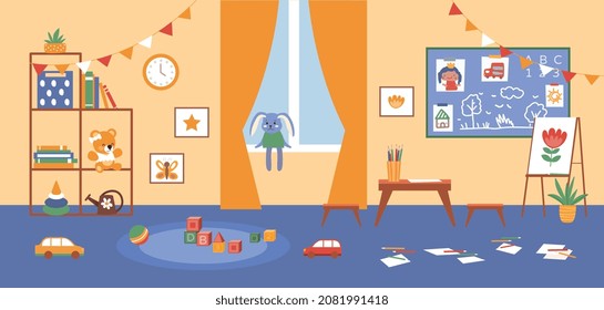 Kindergarten interior concept. Image of room littered with things. Adolescent disorder. Lots of toys on floor, plus canvas with painting tools. Home, apartment. Cartoon flat vector illustration