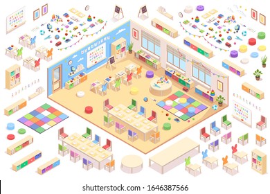 Kindergarten interior constructor, isometric vector elements of furniture, education supplements and toys. Kindergarten isometry cross-section details of playroom table, chair, blackboard and shelves