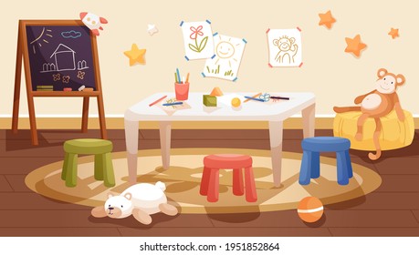 Kindergarten interior design with table, chairs and chalkboard. Kids room with stationery, toys and drawings. Classroom of nursery school. Colored flat vector illustration of playroom with furniture