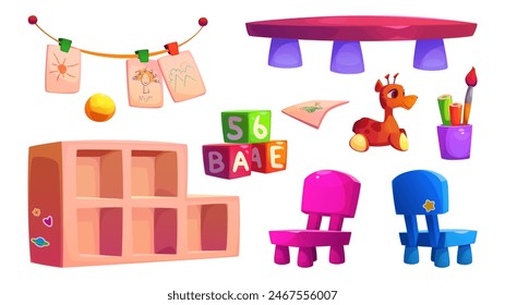 Elementos interiores de jardín de infantes para crear aulas. Conjunto de Ilustración vectorial de dibujos animados muebles de sala de juegos preescolar y juguetes para niños - mesa y sillas, gabinete y dibujos para niños, juguetes y papelería