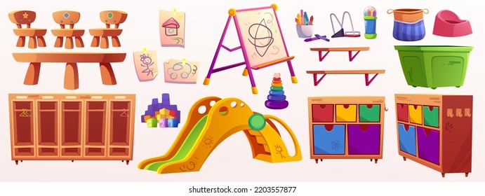 Kindergarten interior equipment and toys, set of playroom items. Wooden furniture, tables, chairs, lockers and boxes for toys, plastic slide, board, colored pencils and pot Cartoon vector illustration