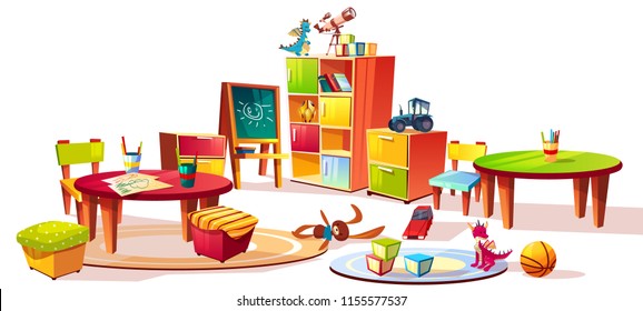 Kindergarten interior furniture vector illustration of preschool kid room drawers for toys, table with pencils for drawing and soft chairs for children game isolated on white cartoon background