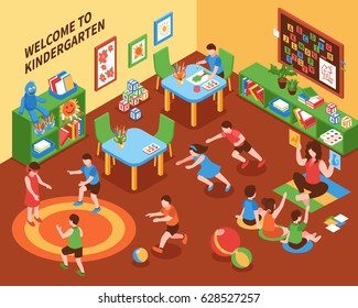 Kindergarten interior isometric composition with children busy mobile games education and creativity vector illustration  