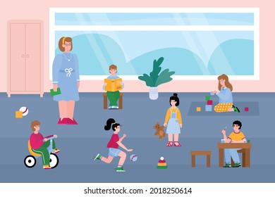 Kindergarten interior with kids playing with toys and female teacher. Girls and boys fun activity at daycare nursery or playroom. Flat cartoon vector illustration.