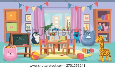 A kindergarten interior  with a round table with chairs, a board, and lots of toys. The children's room features calm pastel colors, cartoonish style.