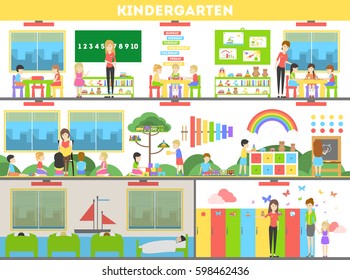Interior de jardín de infancia. Preshool para niños. Jugar y aprender.