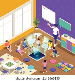 Kindergarten isometric colored concept with teaching a kindergarten class in a group using 3-D projection vector illustration