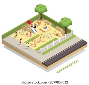 Kindergarten isometric composition with children play active games on the playground outside vector illustration