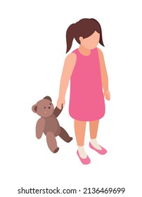 Composición isométrica del jardín de infancia con carácter aislado de una niña pequeña sosteniendo el teddybear a mano en el fondo de la ilustración vectorial en blanco