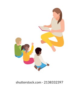 Composición isométrica del jardín de infancia con carácter aislado del asistente de lectura del libro para tres niños ilustración vectorial