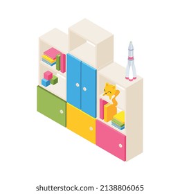 Composición isométrica del jardín de infancia con imagen aislada de gabinete colorido con juguetes en la ilustración vectorial de fondo en blanco