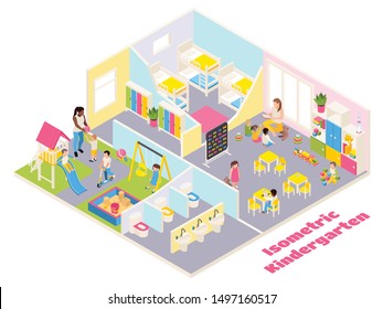 Kindergarten isometric composition with text and indoor view of different rooms with furniture toys and kids vector illustration