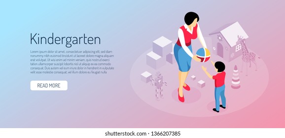 Kindergarten isometric horizontal banner educator and boy during ball game on blue pink gradient background vector illustration