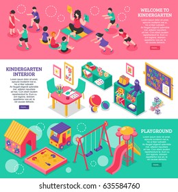 Kindergarten isometric horizontal banners with elements of interior and playground and teacher working with children educational games vector illustration  