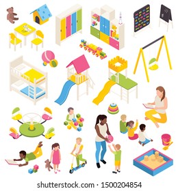 Kindergarten isometric set of isolated characters of kids and toys with play equipment furniture and blackboards vector illustration