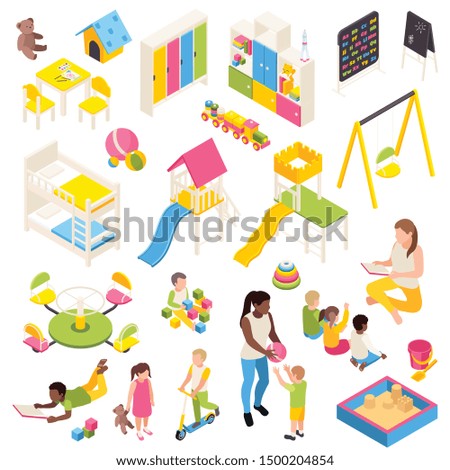 Kindergarten isometric set of isolated characters of kids and toys with play equipment furniture and blackboards vector illustration