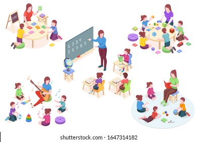 Kindergarten isometric vector elements, kids and teacher learning activity. Kindergarten educator teaching children alphabet and numbers on blackboard, learning sing and read book, preschool education