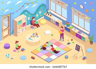 Kindergarten isometric vector interior and children design. Kindergarten kids reading books, girls sitting and boys lying on floor and learning books, preschool education activity, isometry background