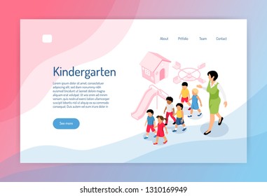 Kindergarten isometric web page with group of preschoolers educator and objects of play ground vector illustration