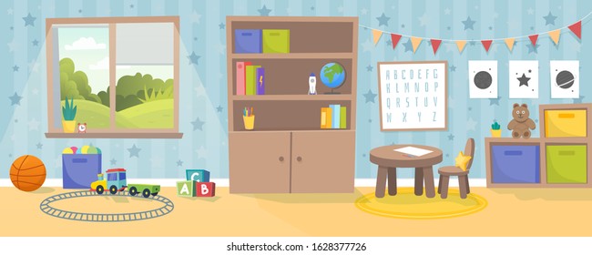 Kindergarten or kid room interior vector illustration. Empty cartoon background with child toys, tables and drawer boxes. Modern room with furniture, sunlight from window and toys for kids. Preschool.