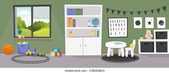 Kindergarten oder Kinderzimmer, Vektorgrafik. Leerer Cartoon-Hintergrund mit Kinderspielzeug, Tischen und Schubladen. Modernes Zimmer mit Möbeln, Sonnenlicht aus Fenster und Spielzeug für Kinder. Vorschule.