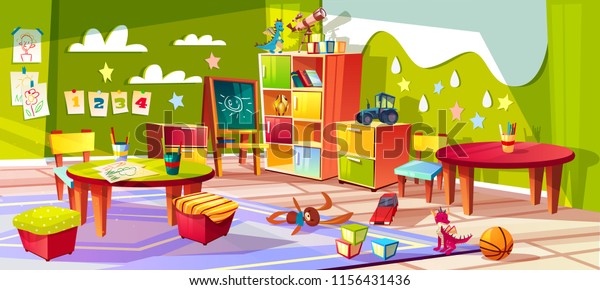 Kindergarten or kid room
interior vector illustration. Empty cartoon background with child
toys, tables or soft chairs and drawer boxes or pencils for drawing
and painting