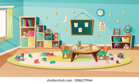 Sala infantil interior con mesa redonda para dibujar sillas juguetes y afiche con ilustración vectorial de caricatura con alfabeto