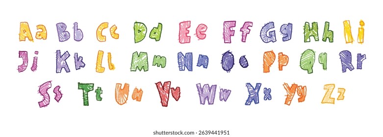 Kindergarten kids alphabet, hand drawn chalk scribble font, cartoon cute childish ABC letter print. Playful wax crayon scratch graffiti, colorful pencil education decor. School kids alphabet design