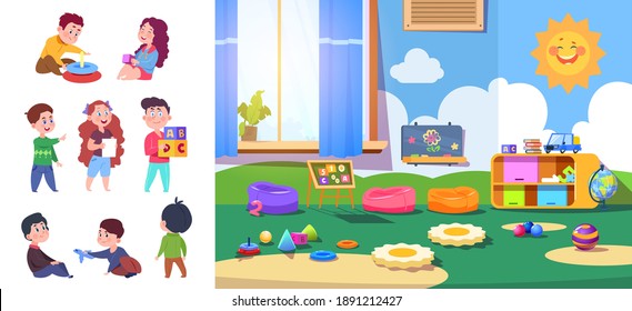 Kindergarten kids. Baby, preschool children characters. Kid zone interior or room for little people. Cartoon toddler vector bundle
