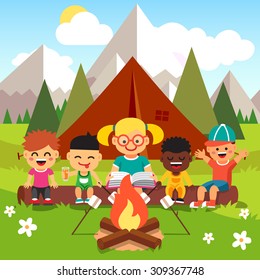 Kindergarten kids camping in the forest near big mountains. Children sitting and listening to a teachers reading a book near the fire. Flat style cartoon vector illustration with isolated objects.