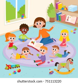 Kindergarten kids in classroom and teacher who reads them a book, comic, cartoon vector illustration. Teacher reading book to kids sitting around, listening with interest, kindergarten interior