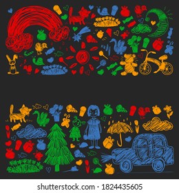 Kindergarten. Kids drawing style. Family. Mother, father, sister, brother. Boys and girls. Vector pattern.