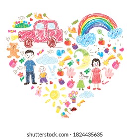 Kindergarten. Kids drawing style. Family. Mother, father, sister, brother. Boys and girls. Vector pattern.