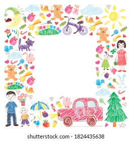 Kindergarten. Kids drawing style. Family. Mother, father, sister, brother. Boys and girls. Vector pattern.