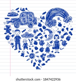 Kindergarten. Kids drawing style. Family. Mother, father, sister, brother. Boys and girls. Vector pattern.