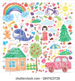 Kindergarten. Kids drawing style. Family. Mother, father, sister, brother. Boys and girls. Vector pattern.