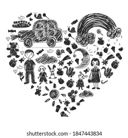 Kindergarten. Kids drawing style. Family. Mother, father, sister, brother. Boys and girls. Vector pattern.