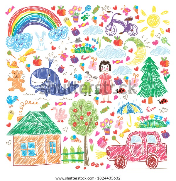 Kindergarten. Kids drawing\
style. Family. Mother, father, sister, brother. Boys and girls.\
Vector pattern.