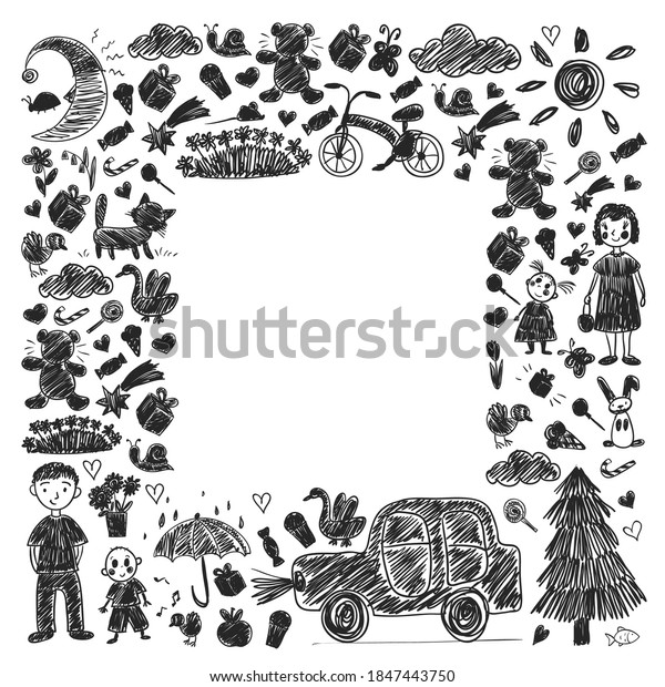 Kindergarten. Kids drawing\
style. Family. Mother, father, sister, brother. Boys and girls.\
Vector pattern.