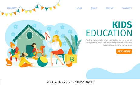 Kindergarten kids education with woman teacher, landing page vector illustration. Child character learning at preschool webpage. Cartoon teaching activity at template banner design.