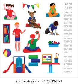 Kindergarten kids learning abc, drawing and counting, in flat style. Fine for stationary, preschool sites and articles, illustrations, kindergarten diplomas.