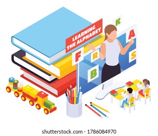 Kindergarten kids learning abc online isometric composition with teacher popping from desktop monitor books toys vector illustration   